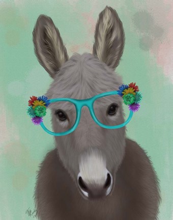 Framed Donkey Turquoise Flower Glasses Print