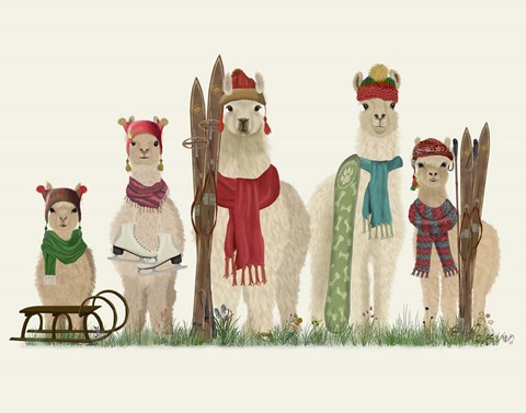 Framed Llama Family Winter Sports Print