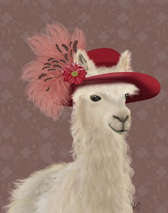 Framed Llama Red Feather Hat Print