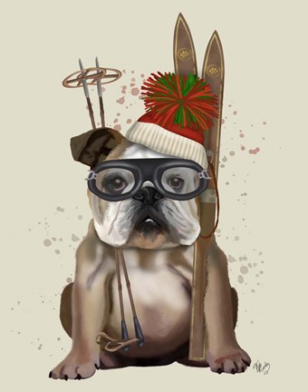 Framed English Bulldog, Skiing Print