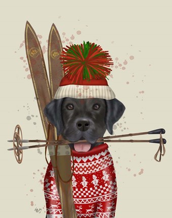 Framed Black Labrador, Skiing Print