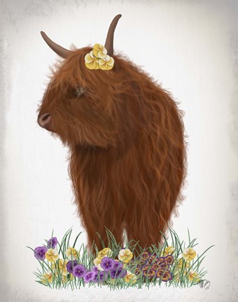 Framed Highland Cow, Pansy Print