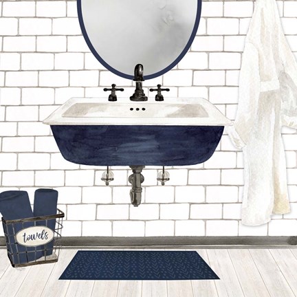 Framed Farmhouse Bath II Navy-Sink Print