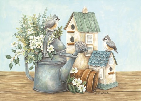 Framed Watering Can and Chickadees Print