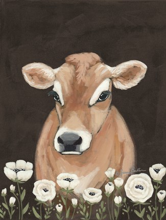 Framed Cow With Flowers Print