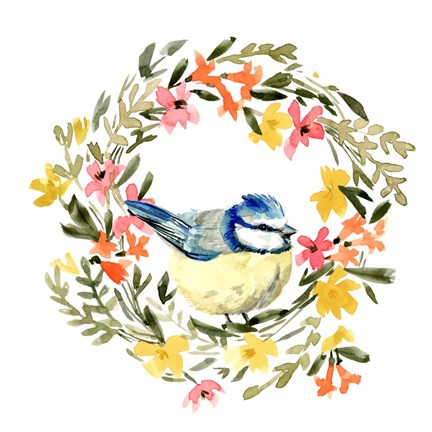 Framed Springtime Wreath &amp; Bird I Print