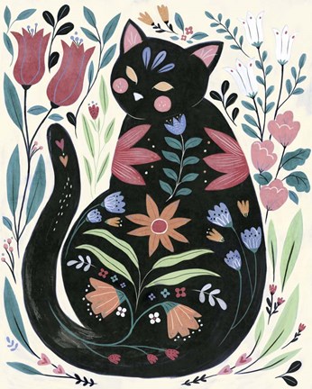 Framed Folksy Feline I Print