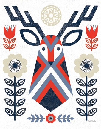 Framed Folk Lodge Deer II Red Navy Print