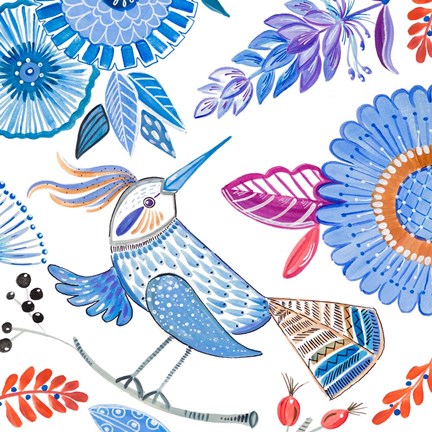 Framed Bird with Flowers I Print