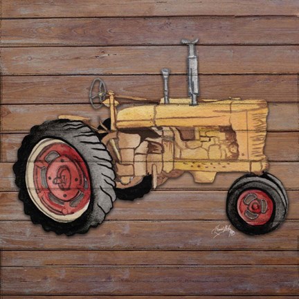 Framed Tractor on Wood I Print