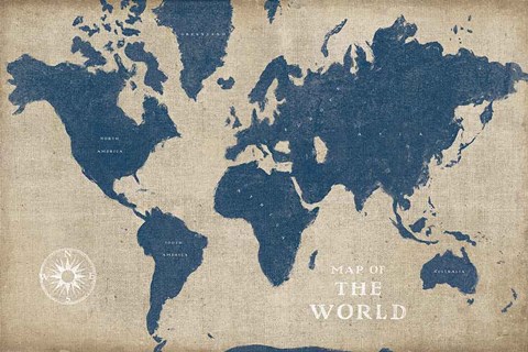 Framed Burlap World Map I Navy Print