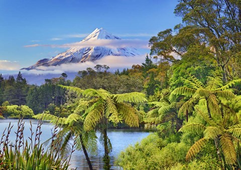 Framed Taranaki Mountain and Lake Mangamahoe, New Zealand Print
