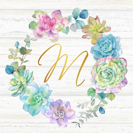 Framed Sweet Succulents Wreath Monogram M gold Print