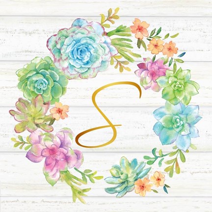 Framed Sweet Succulents Wreath Monogram S gold Print