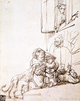 Framed Woman with a Child Afraid of a Dog, 17th century Print