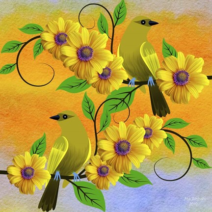Framed Yellow Flower Bird Print