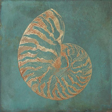 Framed Nautilus Shell Gold on Turquois Print