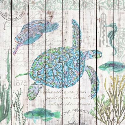 Framed Sea Turtles on Driftwood Panel Print