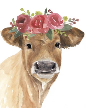 Framed Flowered Cow I Print