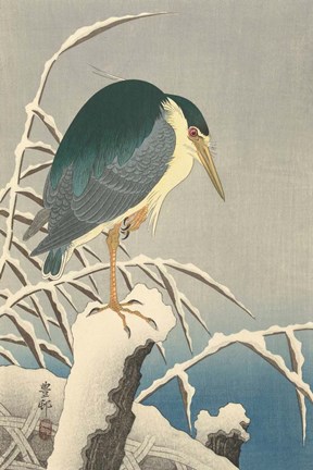 Framed Heron in Snow, 1920-1930 Print