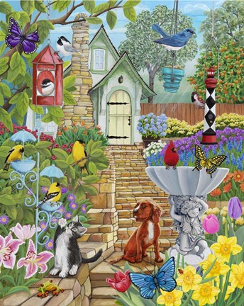 Framed Vintage Bird Feeder Garden Print