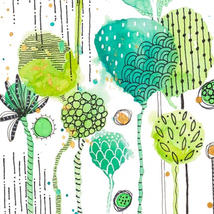 Framed Green Stamped Leaves Square I Print