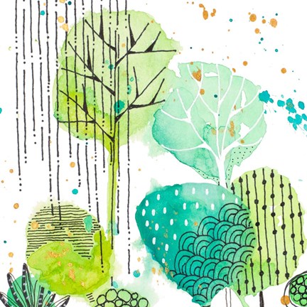 Framed Green Stamped Leaves Square II Print