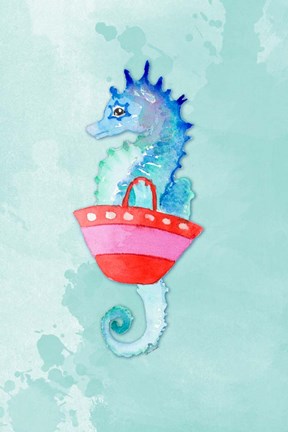 Framed Seahorse With Bag on Watercolor (blue) Print