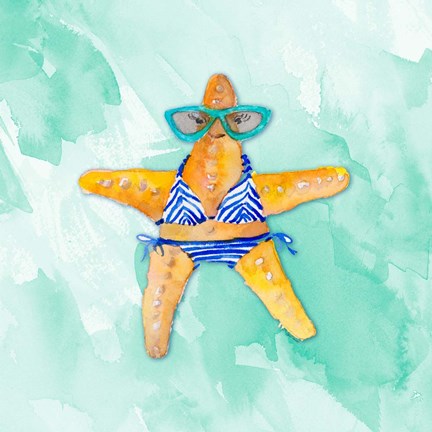 Framed Blue Bikini Starfish on Watercolor Print