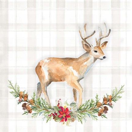 Framed Holiday Woodland Garland on Plaid II Print