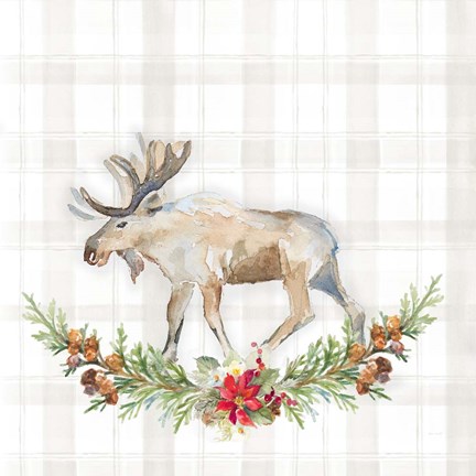 Framed Holiday Woodland Garland on Plaid I Print