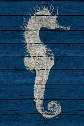 Framed Antique Seahorse on Blue I Print