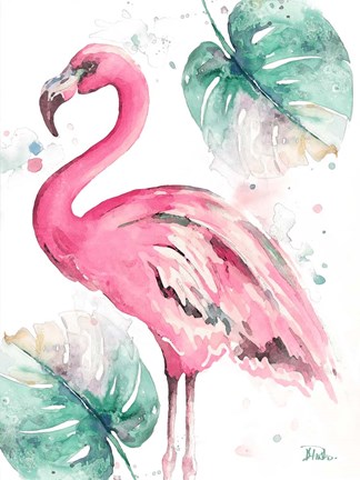 Framed Watercolor Leaf Flamingo I Print