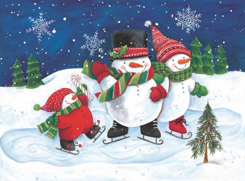 Framed Happy Snowmen Family on Skates Print