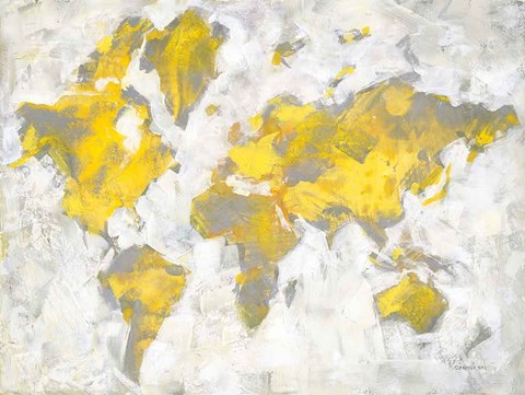 Framed World Map Yellow Gray Print