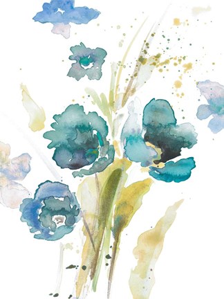 Framed Watercolor Modern Blue Poppies Print