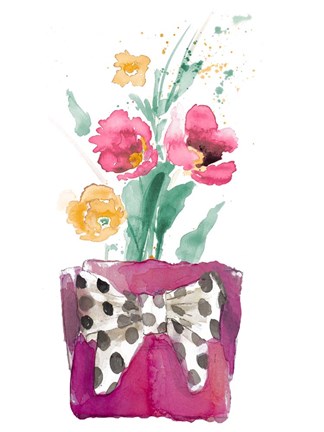 Framed Watercolor Poppies in Pot with Bow Print