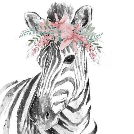 Framed Water Zebra with Floral Crown Square Print