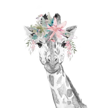 Framed Water Giraffe with Floral Crown Square Print