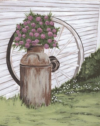 Framed Rusted Milk Can with Wagon Wheel Print