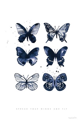 Framed Six Inky Butterflies Blue Print