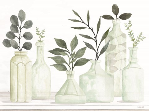Framed Bottles and Greenery II Print