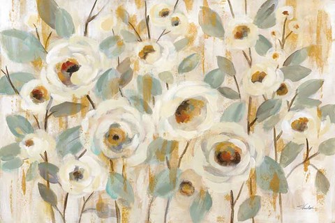 Framed White Gold and Sage Floral Print