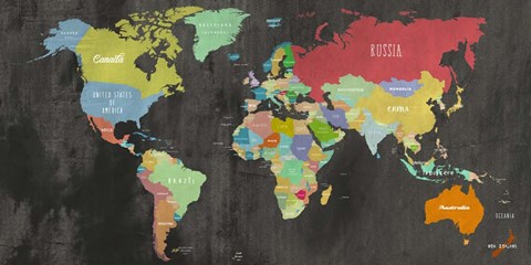 Framed Modern Map of the World  (chalkboard, detail) Print