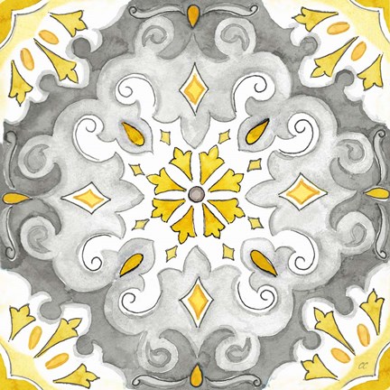 Framed Jewel Medallion yellow gray I Print