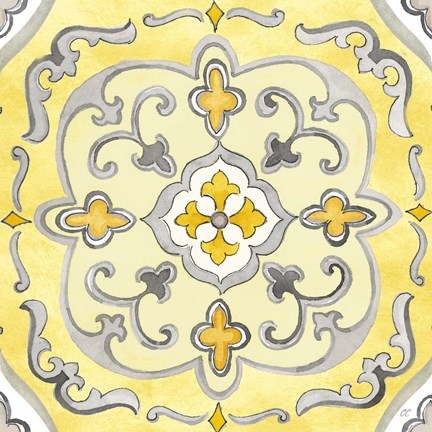 Framed Jewel Medallion yellow gray II Print