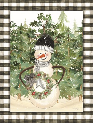 Framed Snowman with Wreath Print