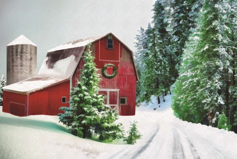 Framed Winter Pines Red Barn Print