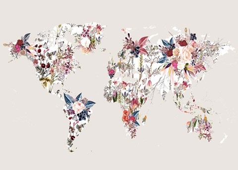 Framed Worldmap Flowers (Light) Print