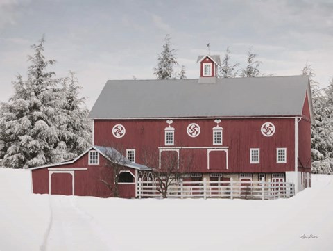 Framed Red Barn in the Pines Print